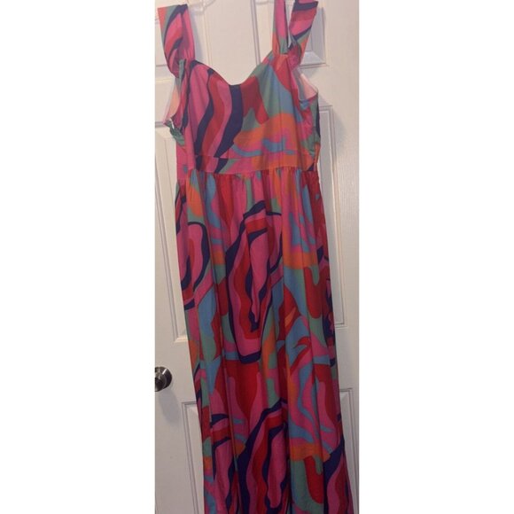 MADE WITH LOVE XXL MAXI DRESS MULTICOLOR Side Zip V-NECK Slit 56” LONG New - Picture 4 of 5